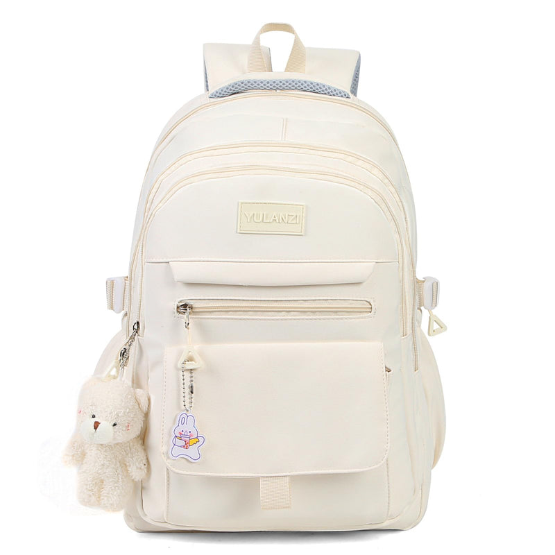PRLINJSK Girls Backpack for College High Middle School Student, Cute Aesthetic Bookbag for Teens Women with Accessories,Beige