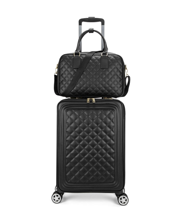 feilario 24in 2 Piece Set Travel Leather Softside Carry On Luggage Double Spinner Wheels Checked Suitcase