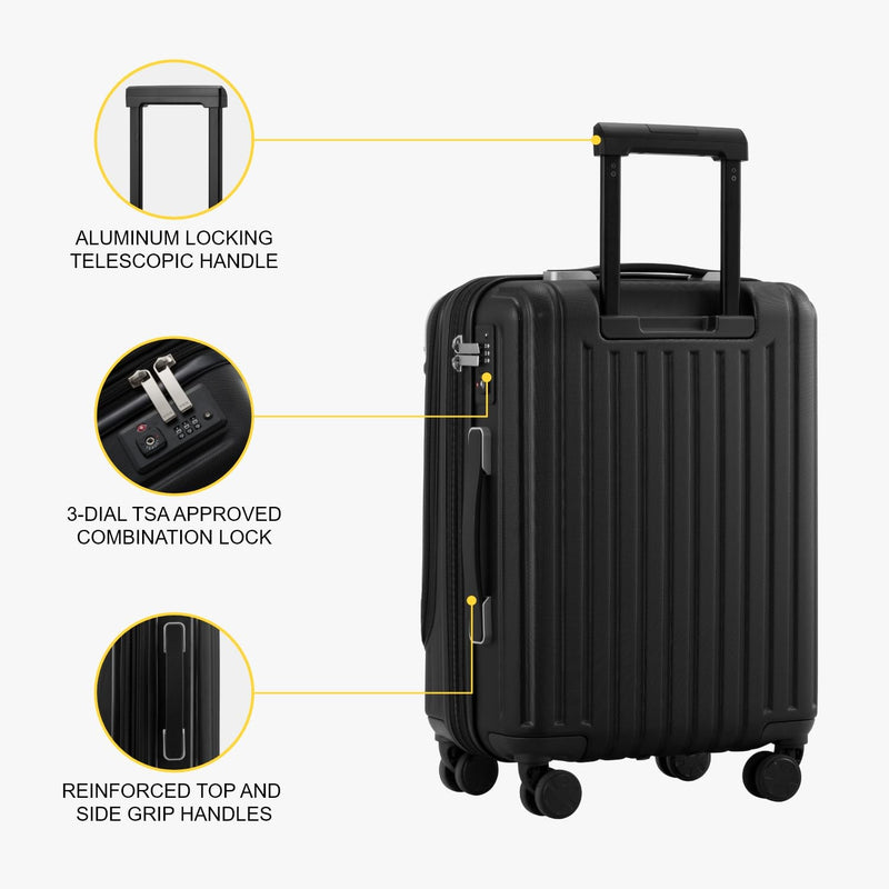 LEVEL8 Grace Hard Shell Carry on Luggage with Front Compartment, 20 Inch Expandable Suitcases with Wheels, Lightweight Carry-on Suitcase for Airplane, Tsa Lock, Black