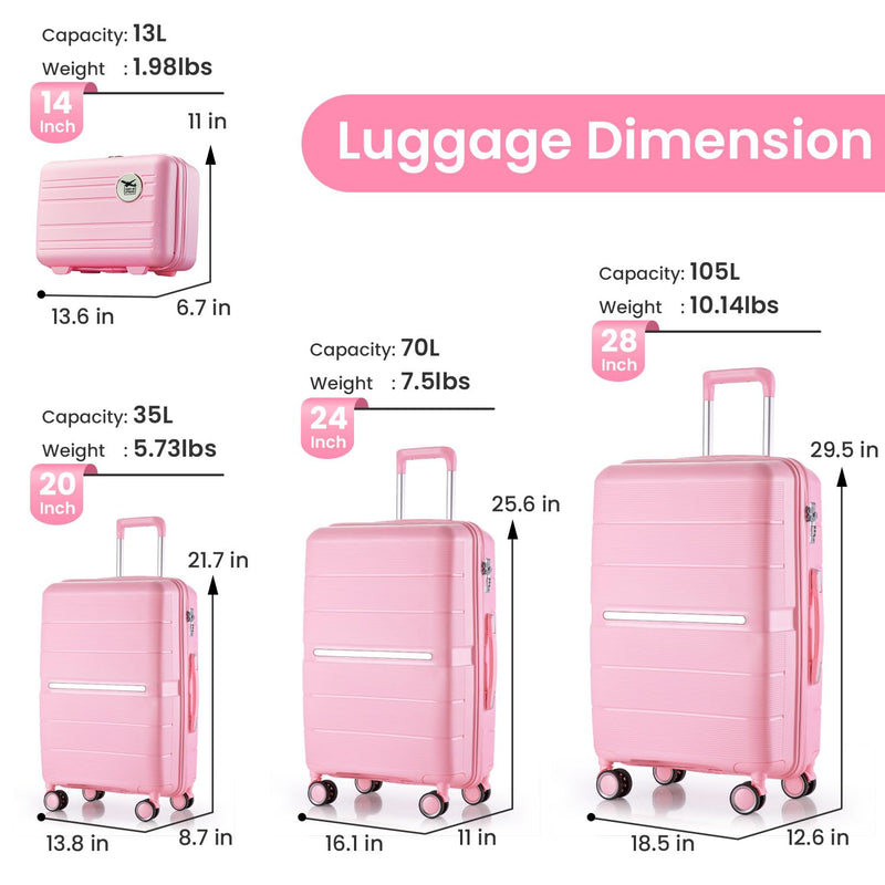 Merax 4 Piece Luggage Set, PP Lightweight Expandable Suitcase with Spinner Wheels and TSA Lock, 14”20”24”28”, Pink