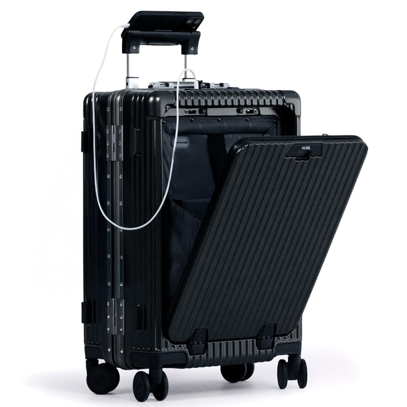 Nobl Travel Carry On Luggage, Noble Zipperless Aluminum Frame, 22.5x15x9.5, 360 Degree Spinner Wheels, TSA Locks, USB Charging Port, Cup & Phone Holder - Jet Black