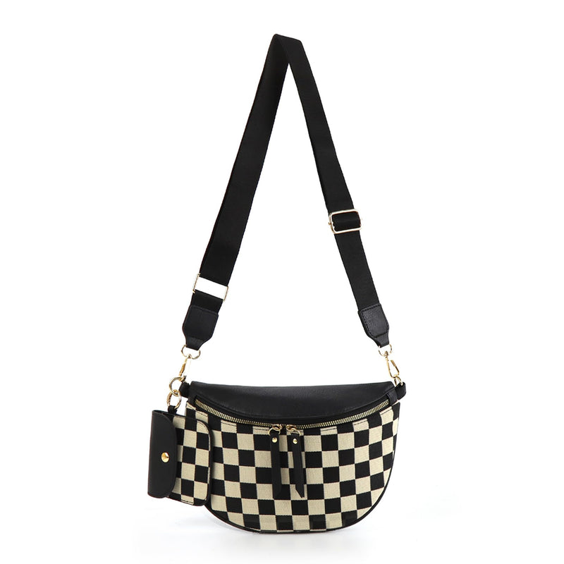 Checkered Crossbody Bag Bum Bags for Women Checkered Purse Plaid Womens Cross Body Purses Checkerboard Fanny Pack (A01 Black)