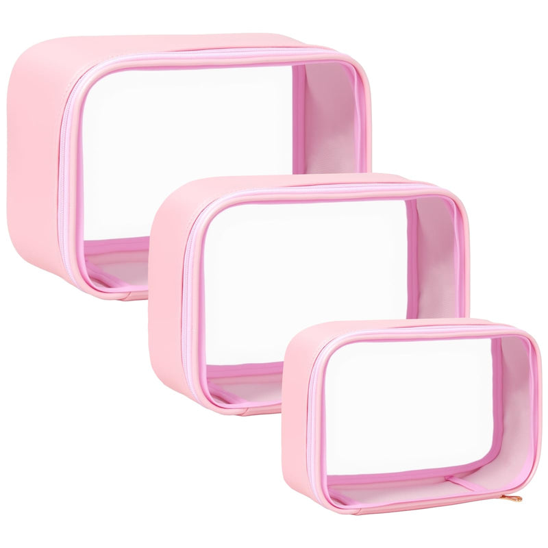 FFpaw Travel Clear Makeup Bag Set for Women, 3 Pack Travel Size Toiletry Bag with Zipper Small Makeup Pouch for Purse Waterproof Portable Cosmetic Case Compact Car Organizer Storage Bag (Pink Set)