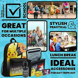 Pokemon Backpack Set 4 Pcs for Kids with Backpack Water Bottle Pencil Case and Insulated Lunch Bag or Wallet Anime School Supplies Gifts for Kids (Black/Yellow 4 Pcs Set)