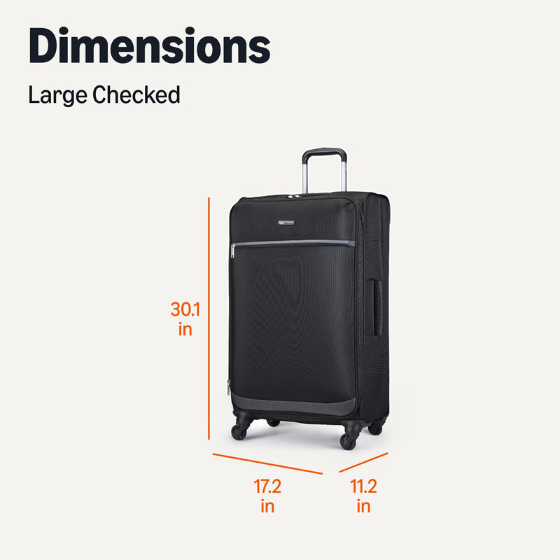 Amazon Basics 28" Large Checked Softside Expandable Suitcase with 360-Degree Multi-directional Spinner Wheels, Expandable Capacity, Zippered Pockets, Telescoping Handle, Black