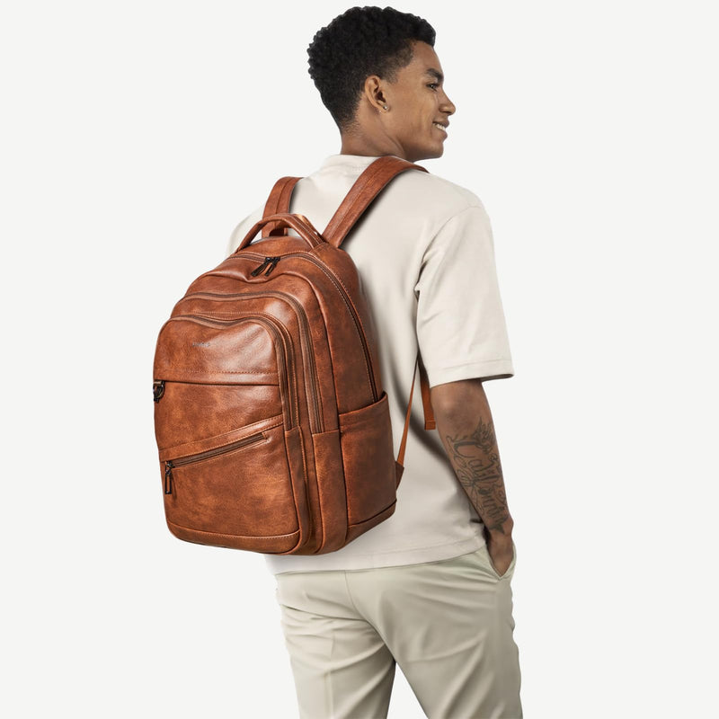 LATMAP 43L Backpack for Women Men - Vegan Leather Backpack Purse Travel Carry-on Bag College Bookbag Work fits 17" Laptop, Brown