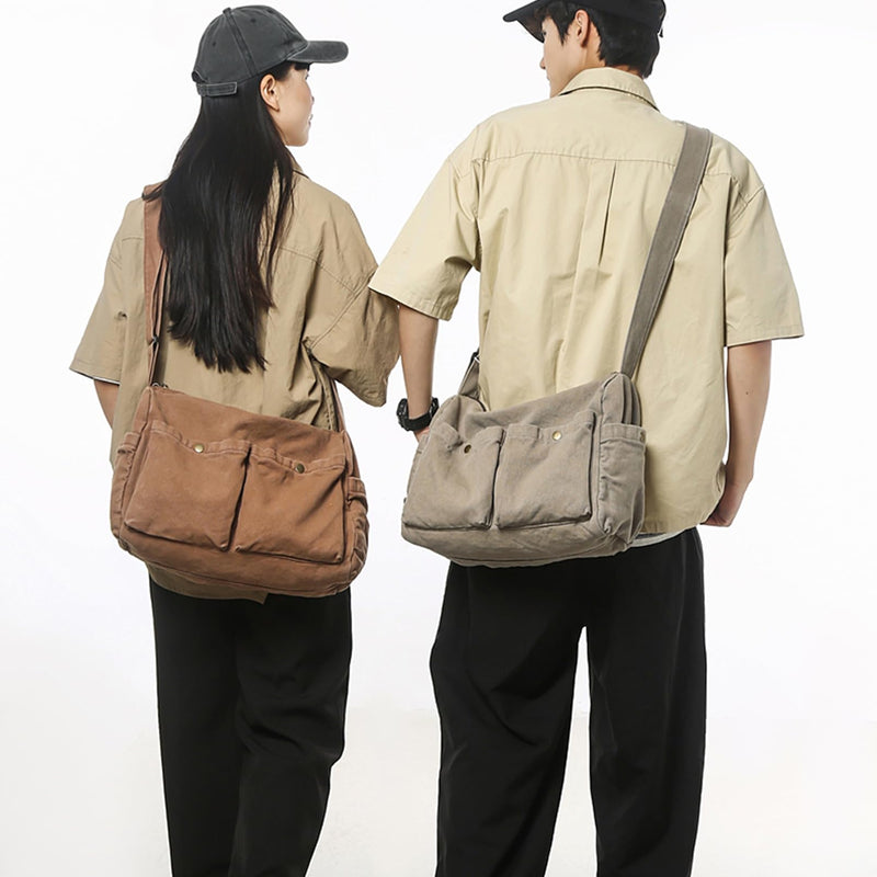 KBTYE Canvas Messenger Bag Cute Crossbody Tote Bag Shoulder for Women Men for School Aesthetic Hobo with Multiple Pockets(Brown)