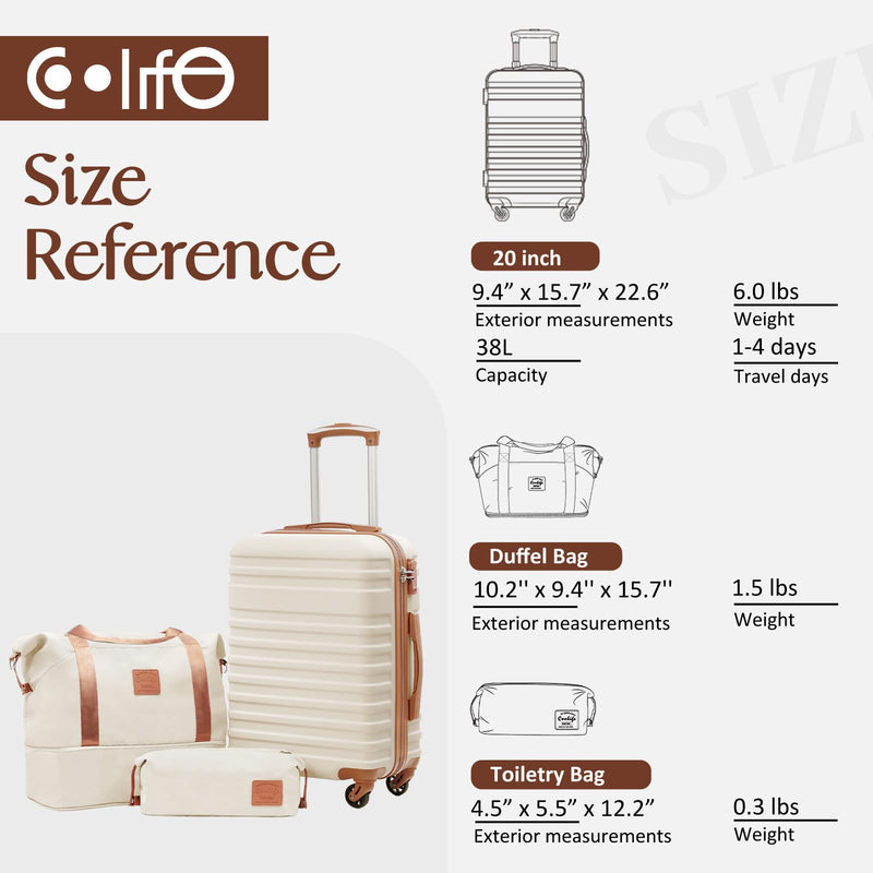 COOLIFE Luggage Carry On Luggage Suitcase Softside Wheeled Luggage Lightweight Rolling Travel Bag, White, 3 Piece Set (DB/TB/20), Luggage Set with Bags