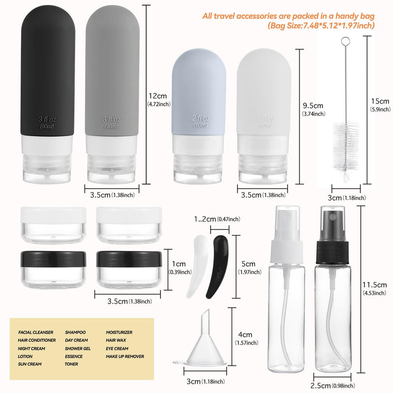 DEPOZA Travel Bottles Kit (16 Pack) - TSA Approved, Leak Proof Silicone Squeezable Containers for Toiletries. Complete Set with Jars, Sprayers & Bag (Black)