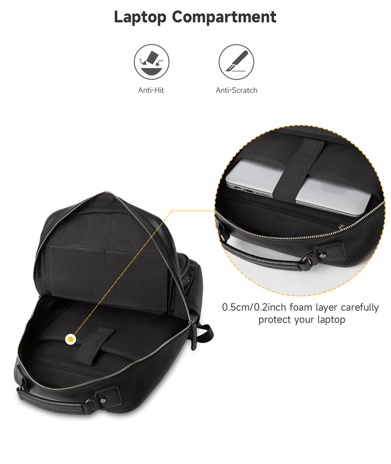 MOYYI Black Leather Backpack for Men Waterproof Fit 15.6 inch Laptop Backpack Work Commute Casual Daypack