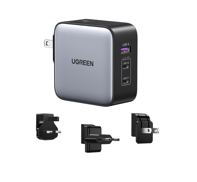 UGREEN 65W USB C Travel Adapter, Foladable Fast GaN Charger with US/UK/EU 3 Plugs, 3-Port International Power Adapter for MacBook Air/Pro, Dell XPS, iPhone 17/16/15, iPad, Galaxy S25/S24, Steam Deck