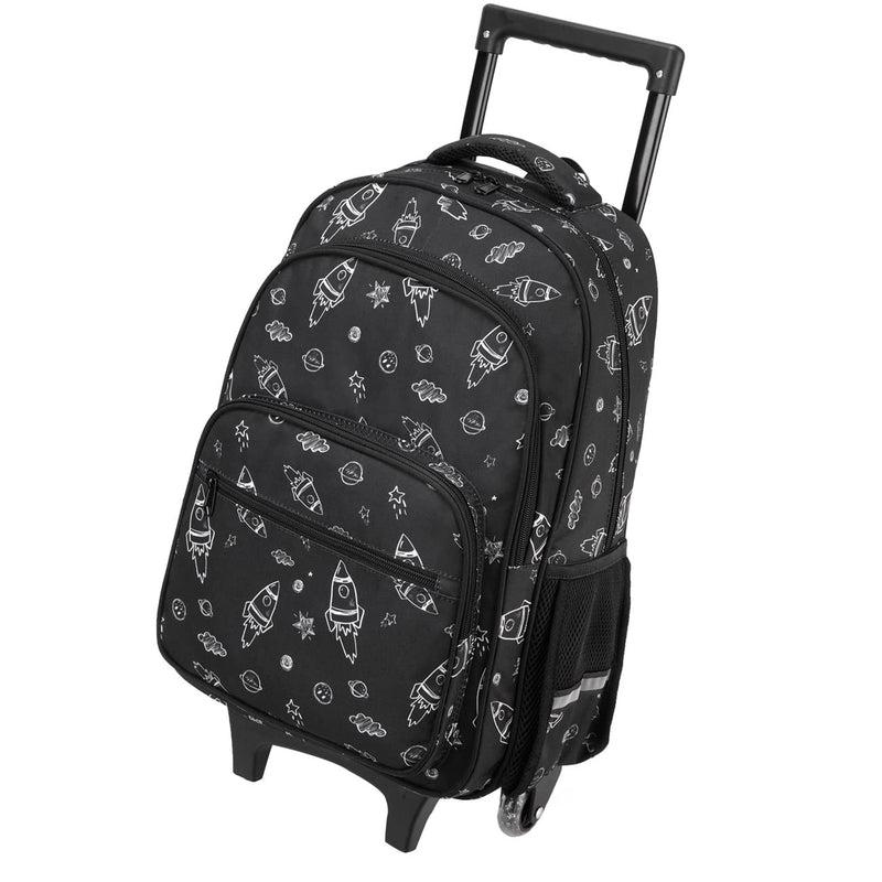 VASCHY Rolling Backpack Kids, 17in Water Resistant Large Schoolbag Carry-on Travel Trip Bag with Wheels for Boys Rockets