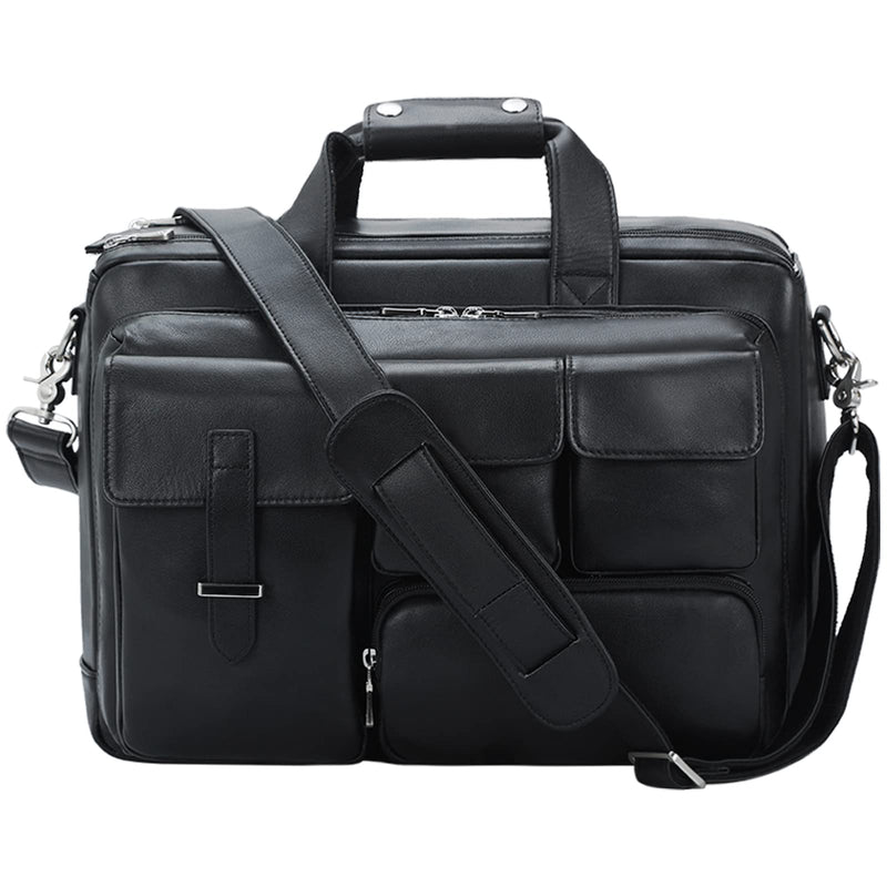 TIDING Genuine Leather Briefcase For Men 17.3 Inch Laptop Case Multi Pockets Business Travel Shoulder Messenger Bag_Black