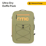 RTIC Ultra Dry Duffle Pack, Waterproof Outdoor Backpack Floating Bags for Hiking, Travel, Camping, Boating, Backpacking, 60L, Olive & Orange