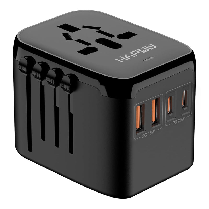 HAPOW Universal Travel Adapter, PD20W International Power Adapter, 2 USB-C & 2 USB-A Fast Charging Travel Charger, All in One Worldwide Travel Plug Adapter, Outlet Adapter for Europe EU UK USA AU