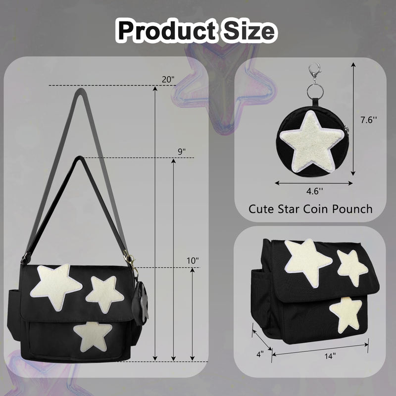 Y2K Messenger Bag with Cute Coin Purse, Lightweight Spacious Crossbody Bag with Star Patches Shoulder Tote Everyday Book Bag with Multi Pockets for her for birthday, Chic and Functional(Black)