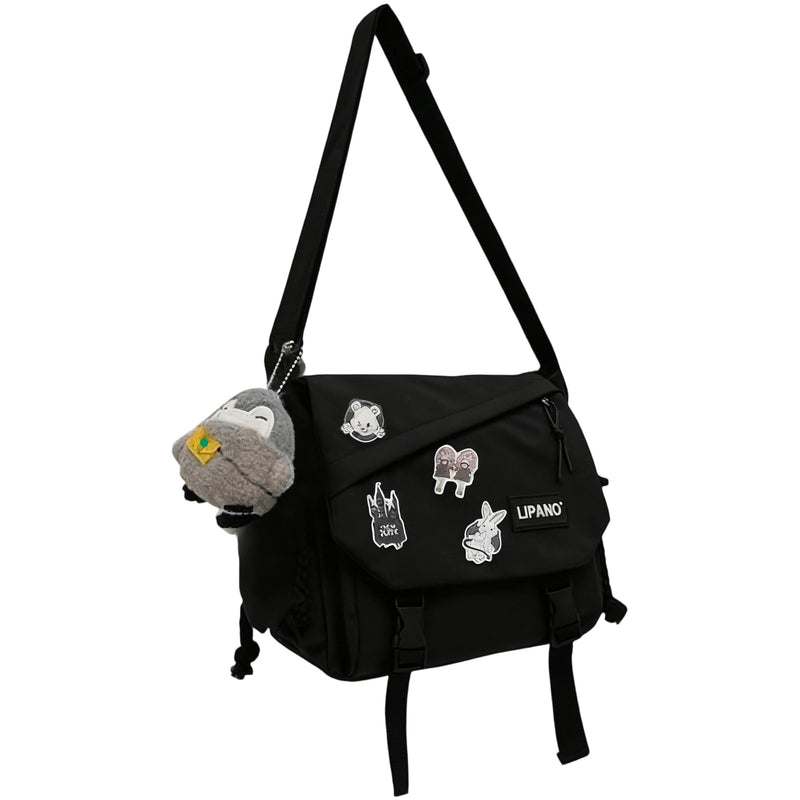 Inshere Aesthetic Crossbody Bag with Cute Pins and Ornament, Casual Shoulder Messenger Bag Japanese Kawaii Bag for Women Men (Black)