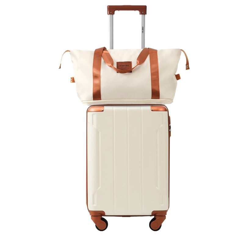 Merax Luggage Set 3 Piece Carry on Luggage, Lightweight Durable Spinner Suitcase with Corner Guards (White Brown, 20inch)