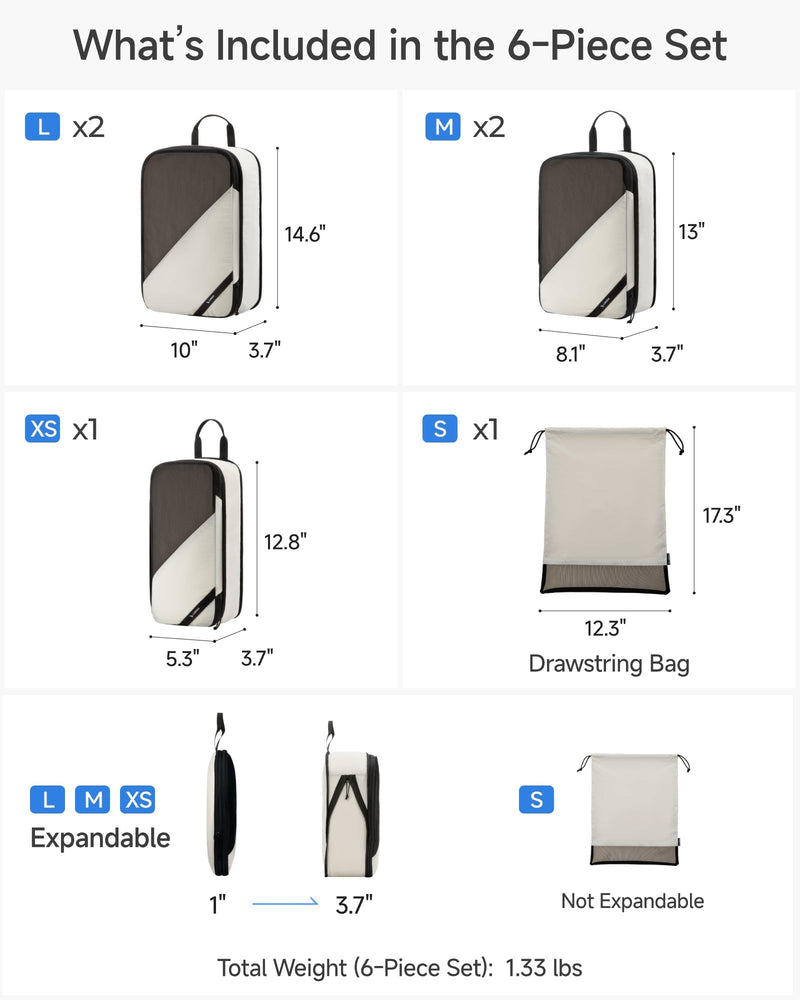 LUGGEX Packing Cubes for Travel, POX01 Luggage Organizers Bags, Suitcase Organizer with Shoe Bag, 6 Set Travel Cubes for Packing (POX-Core, Beige)