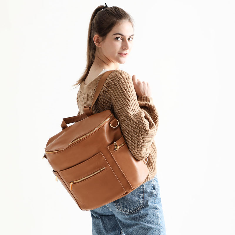 miss fong Diaper Bag Backpack Baby Diaper Bag, Large Leather Diaper Bag Backpack with Changing Pad,Pañaleras Para Bebe for Moms, Stroller Straps, and 2 Insulated Pockets(Convertible, Brown)