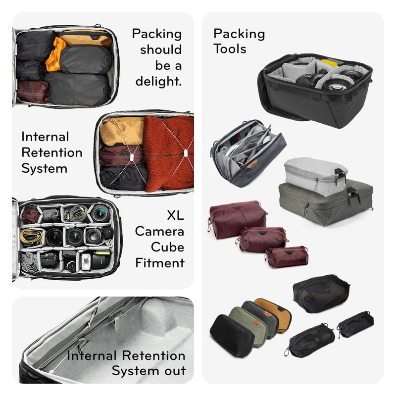 Peak Design Roller Pro Carry-On, Black, Expandable Small Suitcase with Wheels, Carbon Fiber Handle, Drawbridge Opening, Hybrid Soft/Hard Shell, Custom Hardware, Fits XL Camera Cube or Packing Cubes