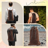 GORGECRAFT Medieval Backpack Drawstring Fibre Bag with PU Leather Straps and Alloy Clasps Portable Pouch for Viking LARP Renaissance Outdoor Activities Cosplay Gym Workout Saddle Brown 18x10.8 inch