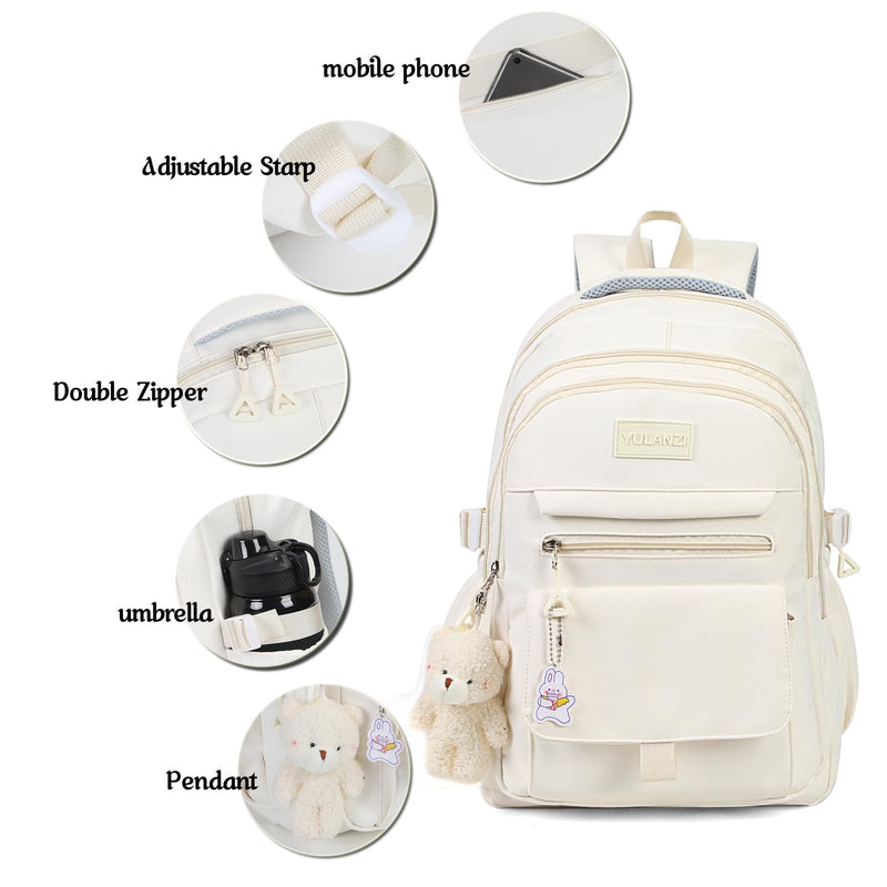 PRLINJSK Girls Backpack for College High Middle School Student, Cute Aesthetic Bookbag for Teens Women with Accessories,Beige