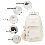 PRLINJSK Girls Backpack for College High Middle School Student, Cute Aesthetic Bookbag for Teens Women with Accessories,Beige