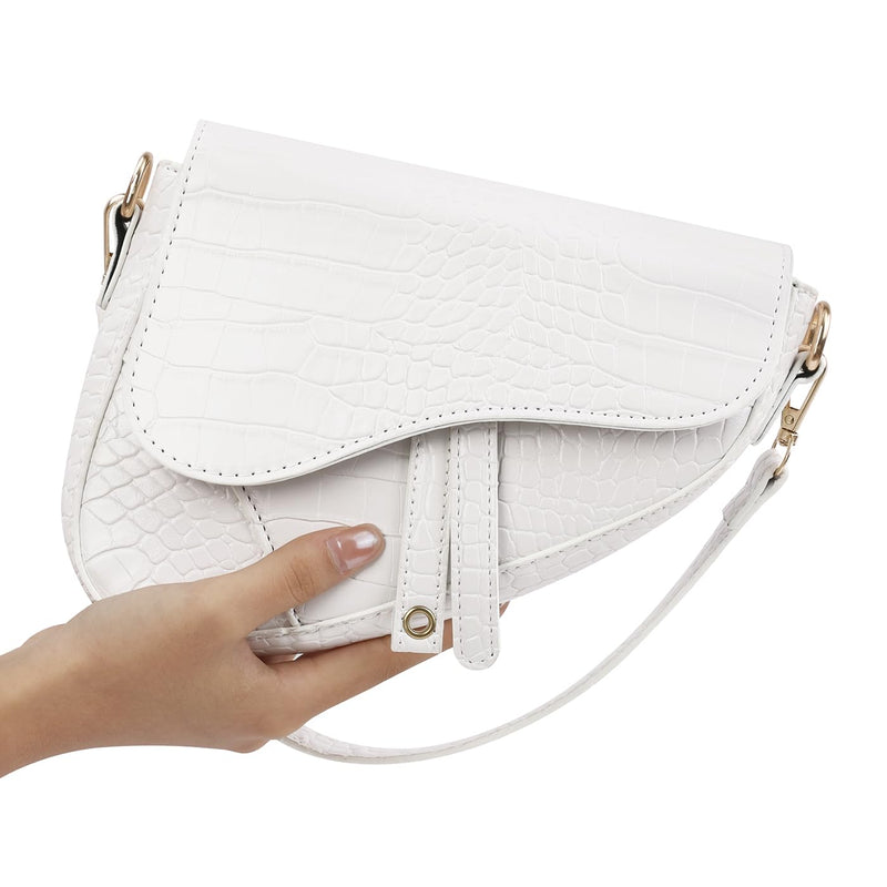 HDE Womens Saddle Shaped Convertible Shoulder Bag Trendy PU Leather Clutch Satchel Crossbody Purse Small Crocodile Handbag - White Crocodile