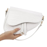 HDE Womens Saddle Shaped Convertible Shoulder Bag Trendy PU Leather Clutch Satchel Crossbody Purse Small Crocodile Handbag - White Crocodile