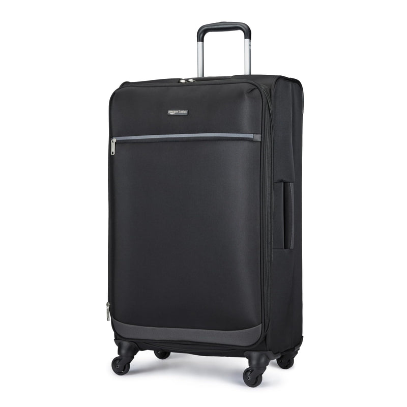 Amazon Basics 28" Large Checked Softside Expandable Suitcase with 360-Degree Multi-directional Spinner Wheels, Expandable Capacity, Zippered Pockets, Telescoping Handle, Black