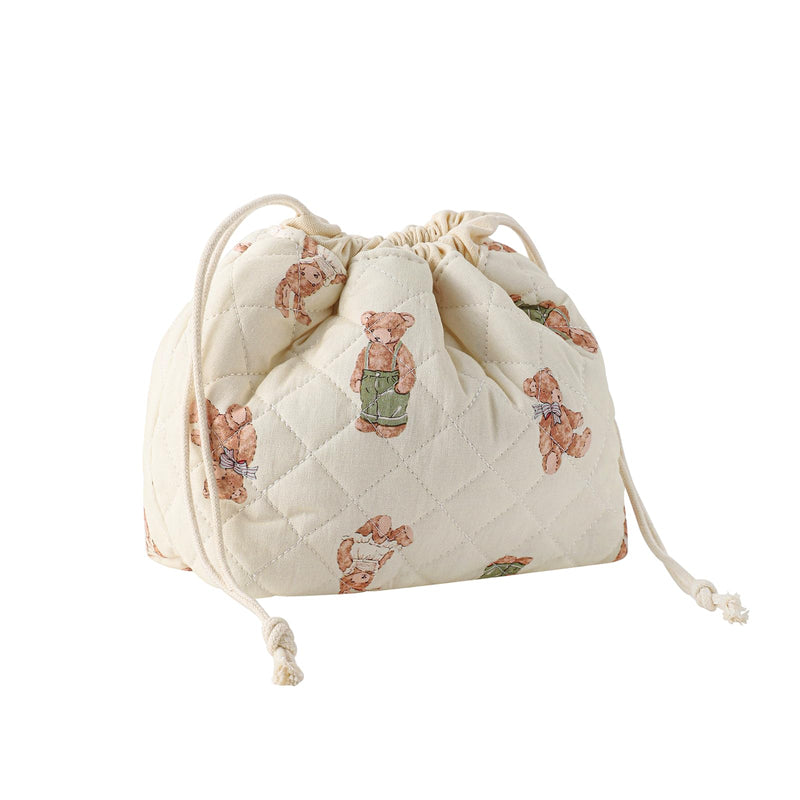 Cotton Quilted Drawstring Makeup Bag with Canvas Lining,Coquette Aesthetic Cute Travel Toiletry Bag,Drawstring Gift Bag for Women and Girls（04White Bear）