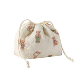 Cotton Quilted Drawstring Makeup Bag with Canvas Lining,Coquette Aesthetic Cute Travel Toiletry Bag,Drawstring Gift Bag for Women and Girls（04White Bear）