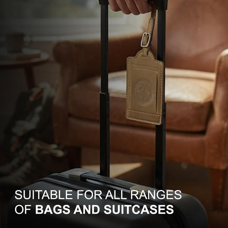 Sovereign-Gear - Two Brown Leather Luggage Tags - Compass Embossed - Genuine Leather Luggage Tag for Suitcases, Stylish & Durable Travel Accessory