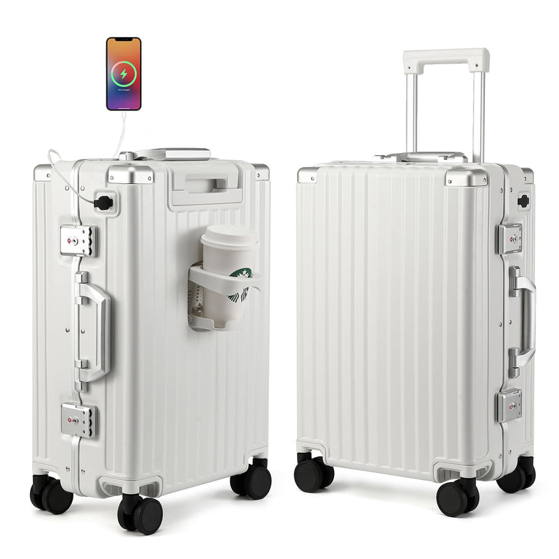 MYER Hard Shell Carry On Luggage 22x14x9 Airline Approved,20 Inch Aluminum Luggage with 100% 3-Layer PC,Carry On Suitcases with Wheels,Cup Holder and USB Port (Milky White, 20 inch)