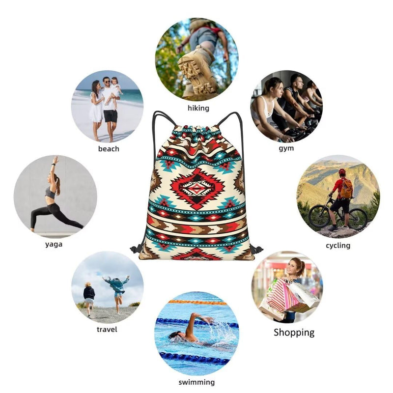 QISENTIS Tribal Aztec Geometric Pattern Drawstring Backpack Bag Native American Ethnic Southwest Stripe Red Sport Gym Sack Navajo Print String Bags Yoga Shopping Travel Casual Daypacks for Women Men