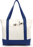 TOPDesign 1-Pack Canvas Tote Bag with an External Pocket, Reusable Grocery Shopping Bag, Top Zipper Closure, Daily Essentials (Blue/Natural)
