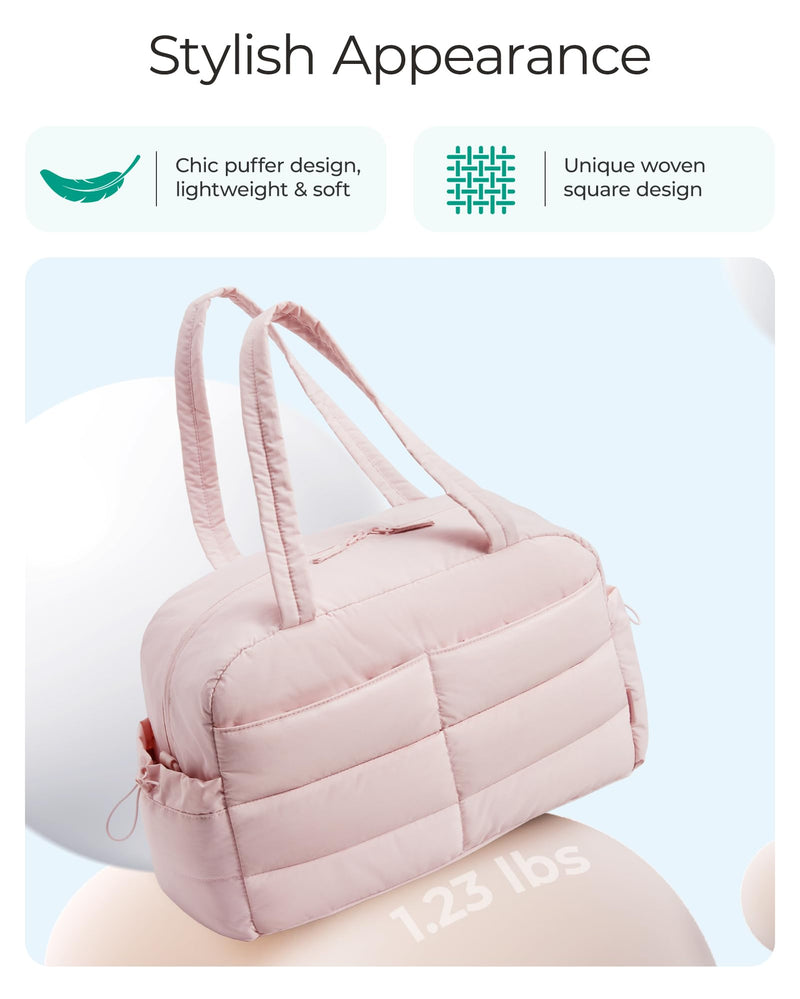 BAGSMART Gym Bag for Women, Lightweight Puffer Duffle Bag 2-PC Travel Bag, 31L Weekender Overnight Bag Quilted Carry On Tote Bag, Diaper Hospital Dance bag for Travel, Gym, Water Resistant, Pink