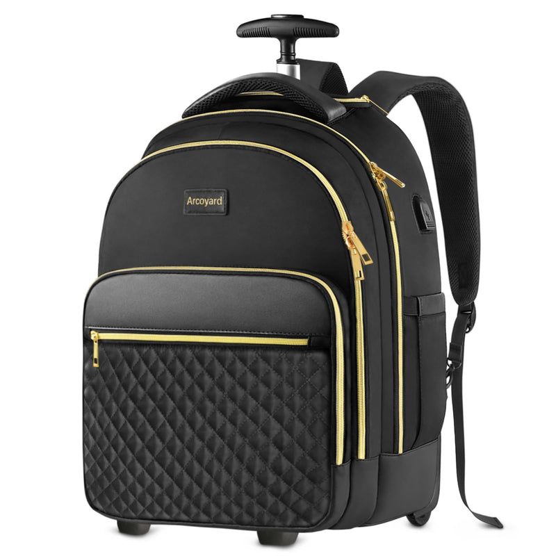 Arcoyard Rolling Backpack for Women, 15 inch Lightweight Wheeled Roller Laptop Backpack for Adults, Water Resistant Underseat Carry On Luggage Bag, TSA Friendly Anti Theft Business Gear, Black Gold