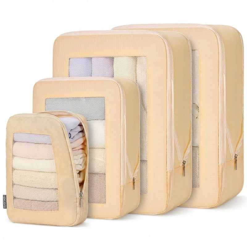 Small Compression Packing Cubes 4-Piece Set - Space Saving Travel Organizer Bags for Carry-On Luggage, Compressible Mesh Packing Cubes for Travel Women Ultralight