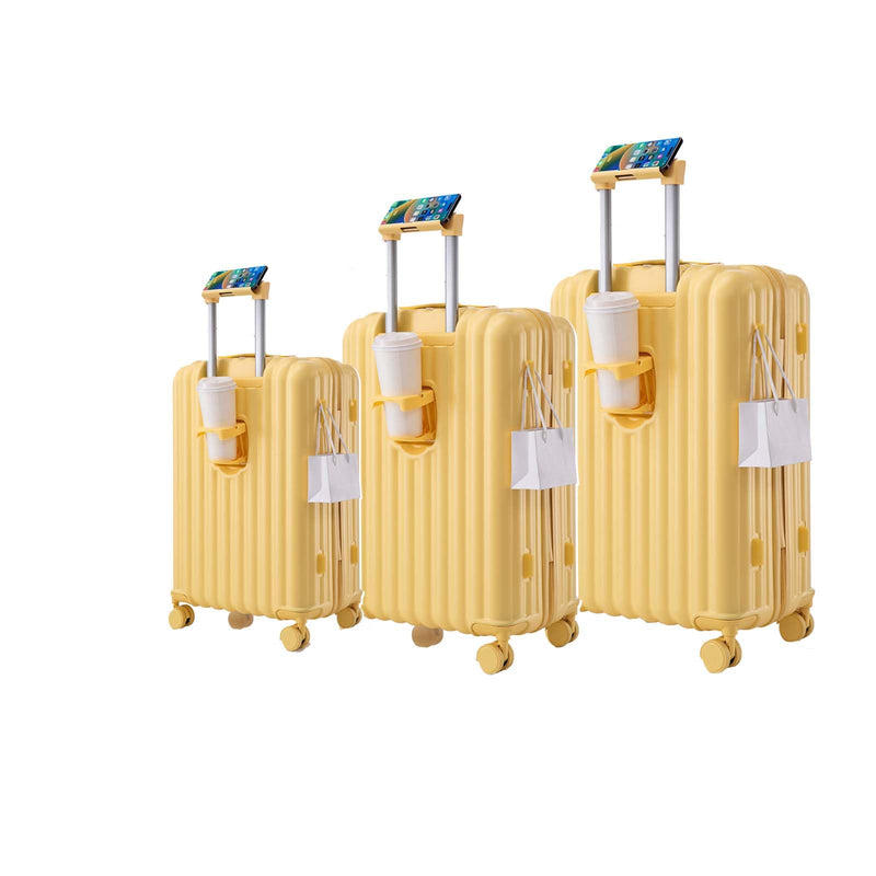 Ningering 3 Piece Luggage Set with USB Port & Cup Holder, ABS Hard Shell Traveling Luggage with Spinner Wheels & Combination Lock, Hardside Carry on Suit Case Sets, 20/24/28 Inch (Yellow)