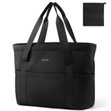 HOTOR Tote Bag for Women - Foldable Lightweight Tote Bags with Zipper, Large Shoulder Bag Top Handle Handbag Carry-On Bag for Travel, Shopping, Work, Black, 19.7