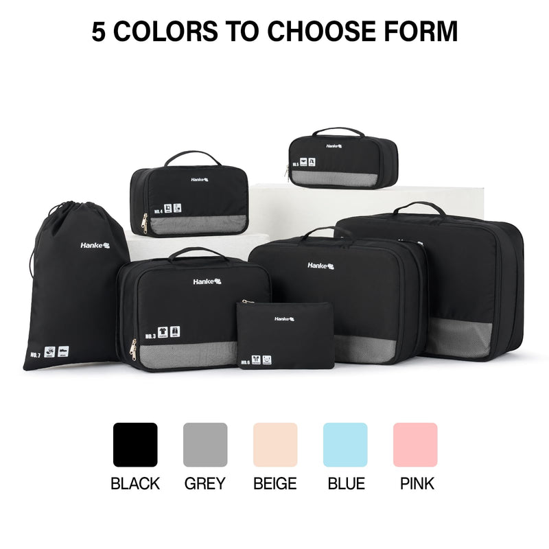 Hanke 7 Set Compression Packing Cubes for Travel, Expandable Large Packing Cubes for Suitcases and Backpack, Luggage Packing Organizer Bags with Double Zipper as Travel Essentials,Black