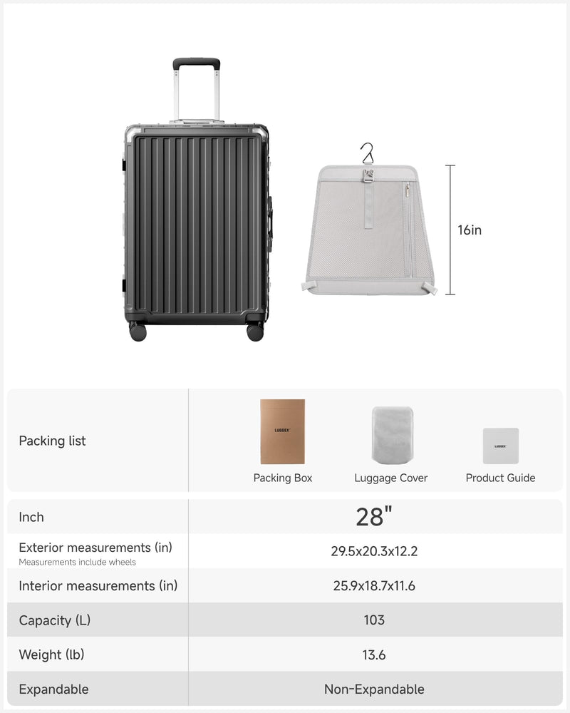 LUGGEX Checked Suitcase with Spinner Wheels, 8010S Aluminum Frame Zipperless Polycarbonate Hard Shell Suitcase (ZX-Core, Charcoal Metallic, 28 Inch)