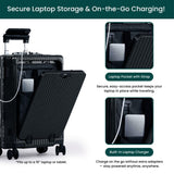 Nobl Travel Carry On Luggage, Noble Zipperless Aluminum Frame, 22.5x15x9.5, 360 Degree Spinner Wheels, TSA Locks, USB Charging Port, Cup & Phone Holder - Jet Black