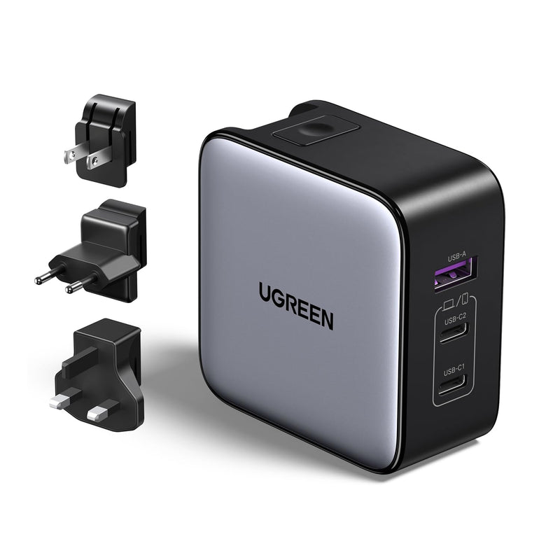 UGREEN 65W USB C Travel Adapter, Foladable Fast GaN Charger with US/UK/EU 3 Plugs, 3-Port International Power Adapter for MacBook Air/Pro, Dell XPS, iPhone 17/16/15, iPad, Galaxy S25/S24, Steam Deck