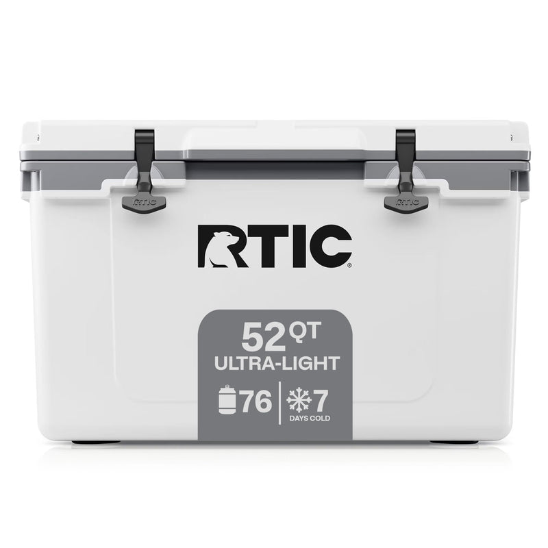 RTIC Ultra-Light 52 Quart Hard Cooler Insulated Portable Ice Chest Box for Beach, Drink, Camping, Picnic, Fishing, Boat, Barbecue, 30% Lighter Than Rotomolded Coolers, White & Grey