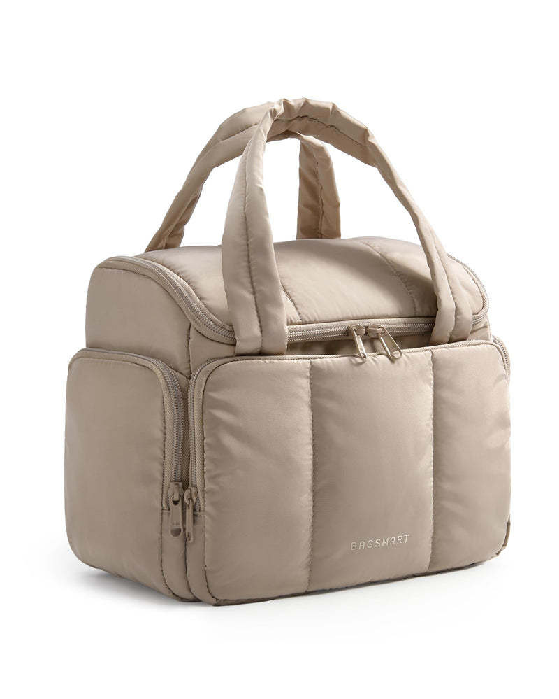 BAGSMART Toiletry Bag for Women with Dual-Padded Handles, Puffy Lightweight Makeup Bag for Makeup Accessories, Brushes Set, Travel-Sized Container, Camel