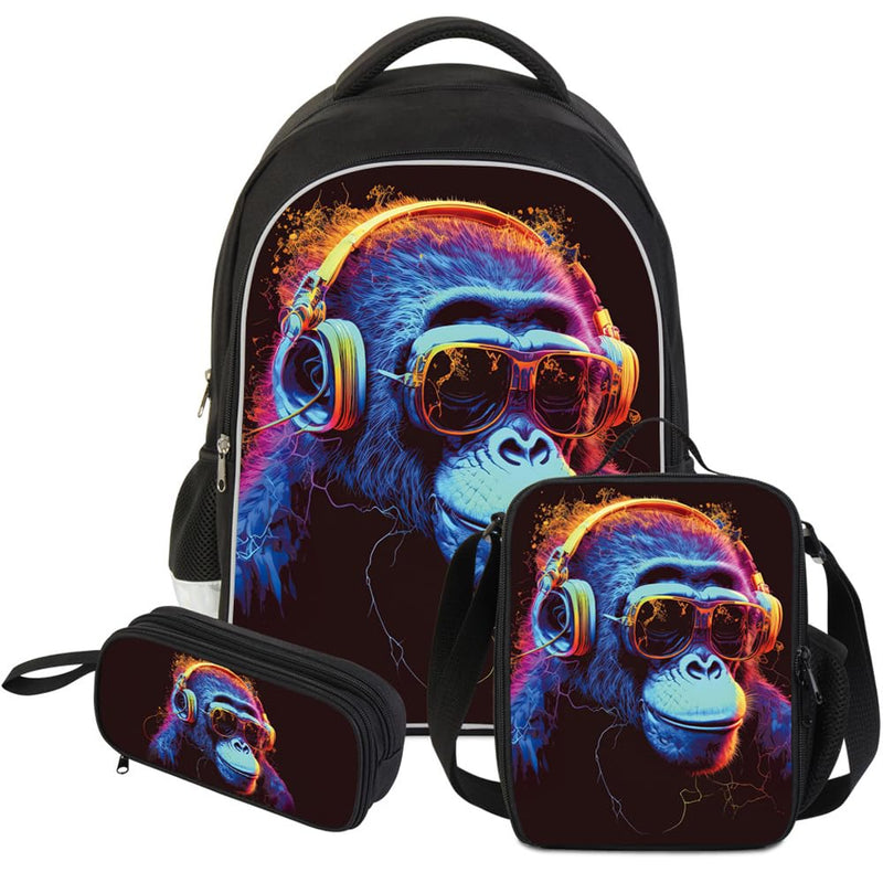 ZRENTAO 3 Pcs Kids Backpack, 3D Reflective Cartoon, 600D Polyester & Dual Zippers, 17" Bookbag with Ergonomic Design for boys & girls age 6-18, Gorilla Space Style for school Children Kids