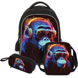 ZRENTAO 3 Pcs Kids Backpack, 3D Reflective Cartoon, 600D Polyester & Dual Zippers, 17" Bookbag with Ergonomic Design for boys & girls age 6-18, Gorilla Space Style for school Children Kids